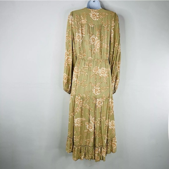 Kivari Lani Front Tie Dress Green Fliral Keyholw Midi High Low Smocked Ruffle - Picture 7 of 10